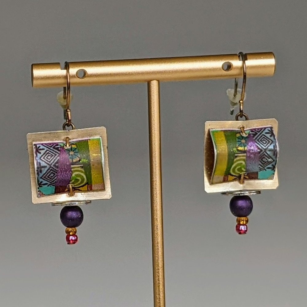 Gold, Bead, and Multicolor Rectangle Drop Earrings